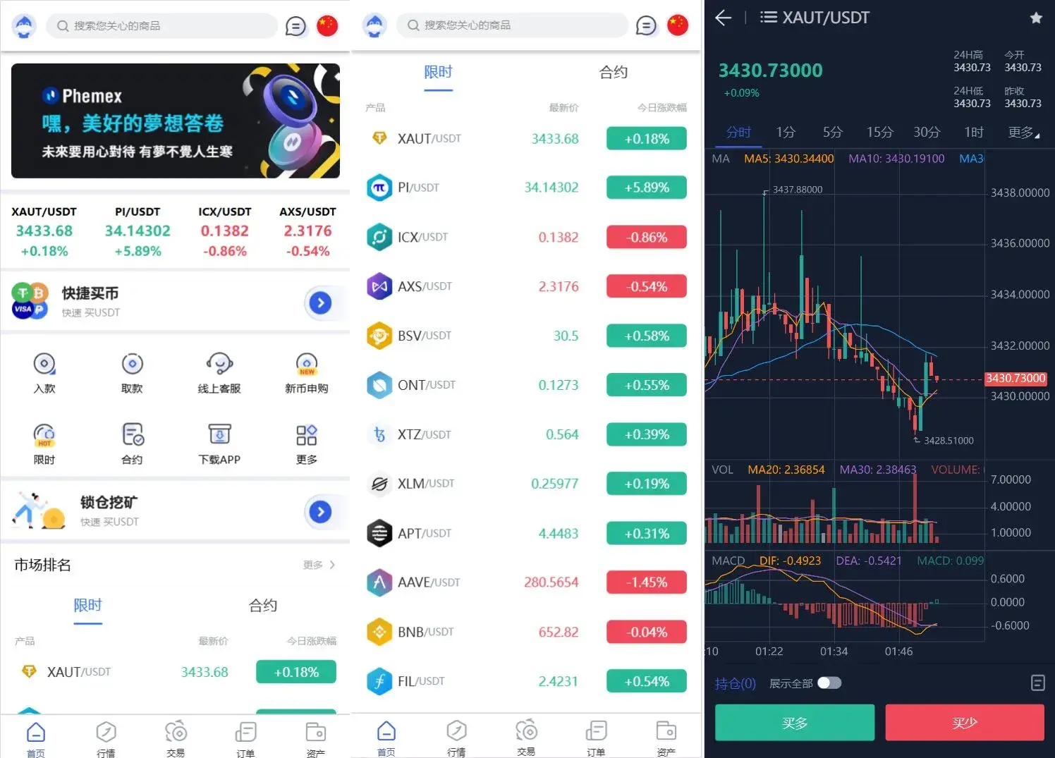 Phemex多语言交易所源码/期权交易+合约交易+新币申购+锁仓挖矿+平台币发行+K线行情控制/前端uniapp编译后+后端PHP-樱舞小站