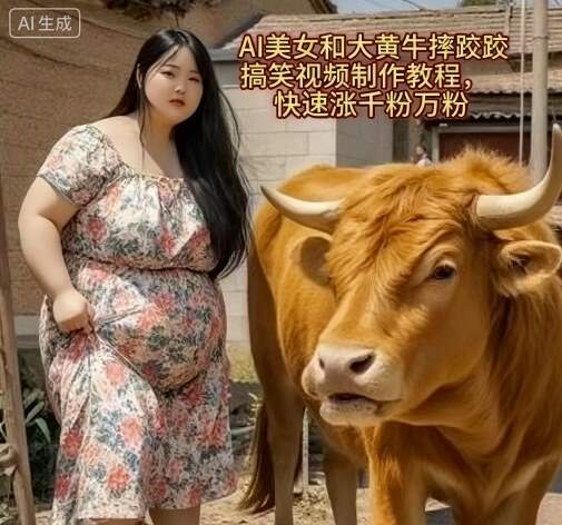 AI美女和大黄牛摔跤搞笑荒诞视频制作教程，快速涨千粉万粉-樱舞小站