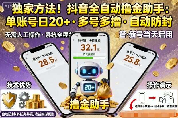 独家方法！最新抖音系列全自动挂G撸金助手，单账号一天20+，多号多撸，自动防封【揭秘】-樱舞小站