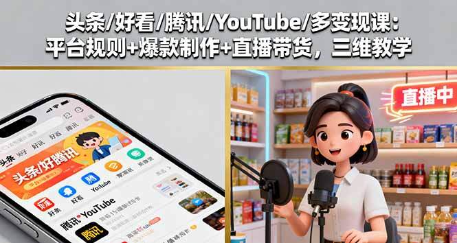 头条/好看/腾讯/YouTube/多变现课：平台规则+爆款制作+直播带货，三维教学-樱舞小站